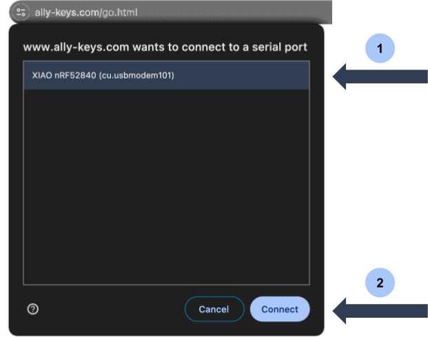 Chrome's popup dialog with a message saying 'ally-keys wants to connect to a serial port.' There is one device availble, a XIAO nRF52840 and a cancel and connect button. There are arrow pointed at the device and the connect button