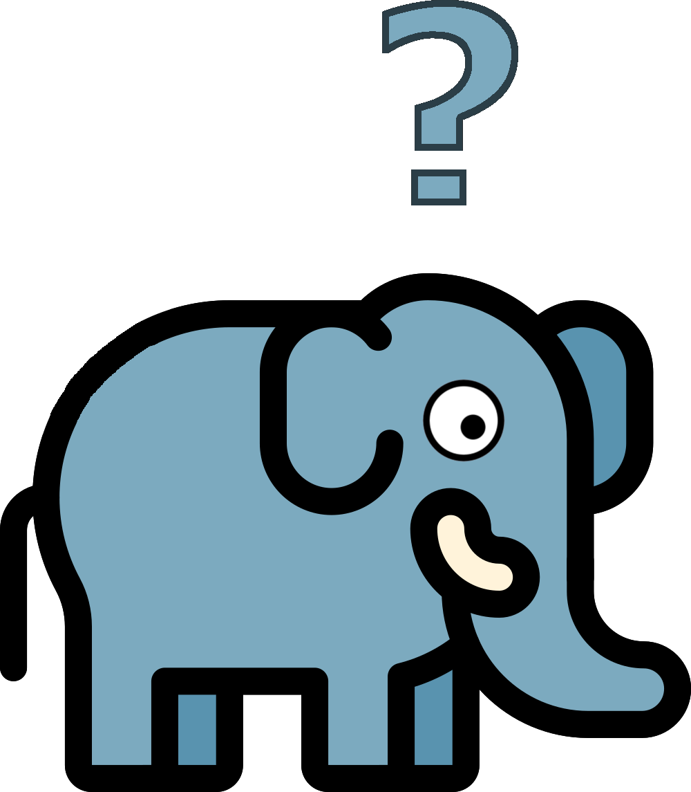 An elephant with a question mark above it's head and a shocked expression on it's face